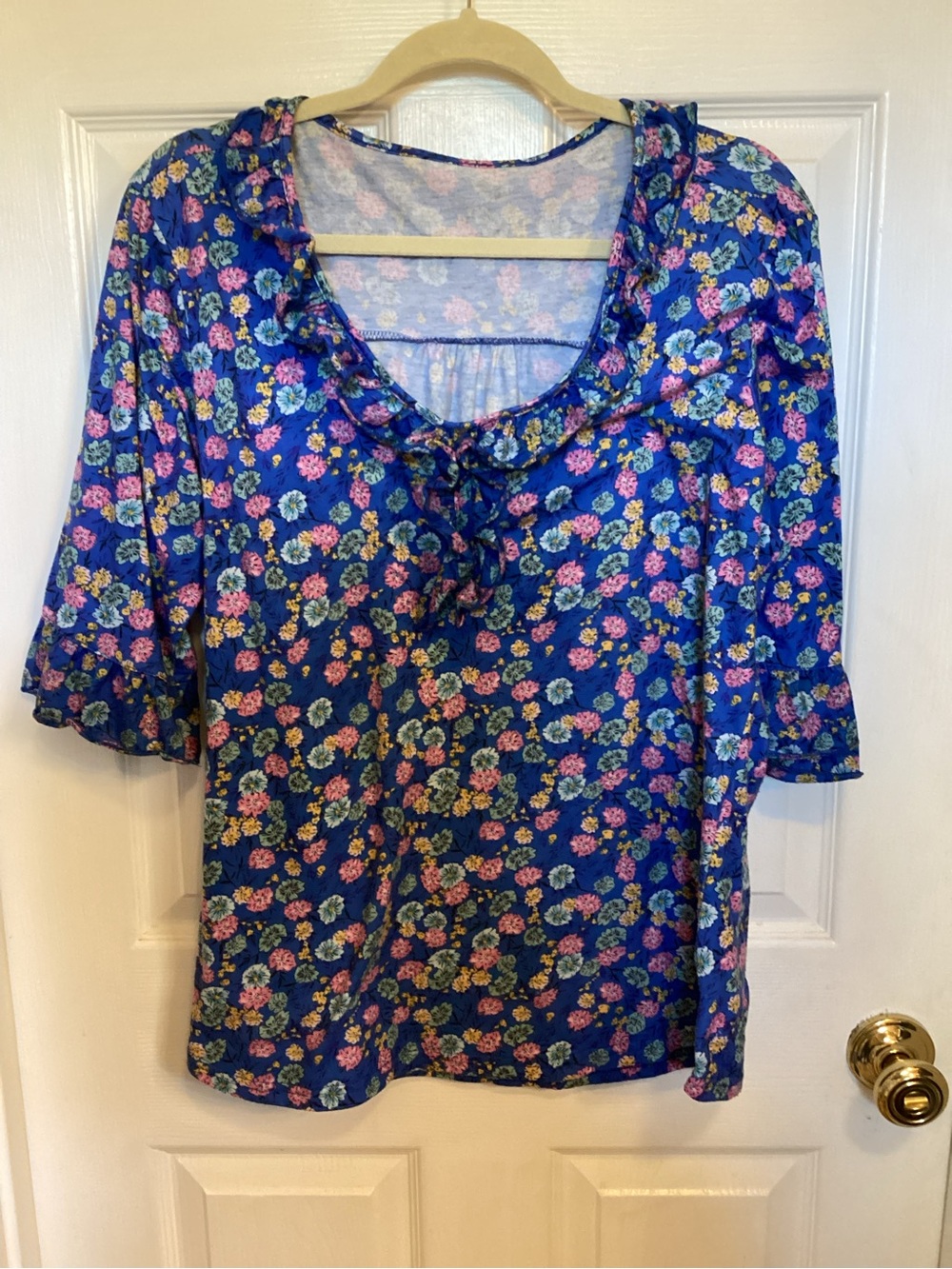 Talbots Blue Floral Scoop-Neck Tunic with Ruffle Trim